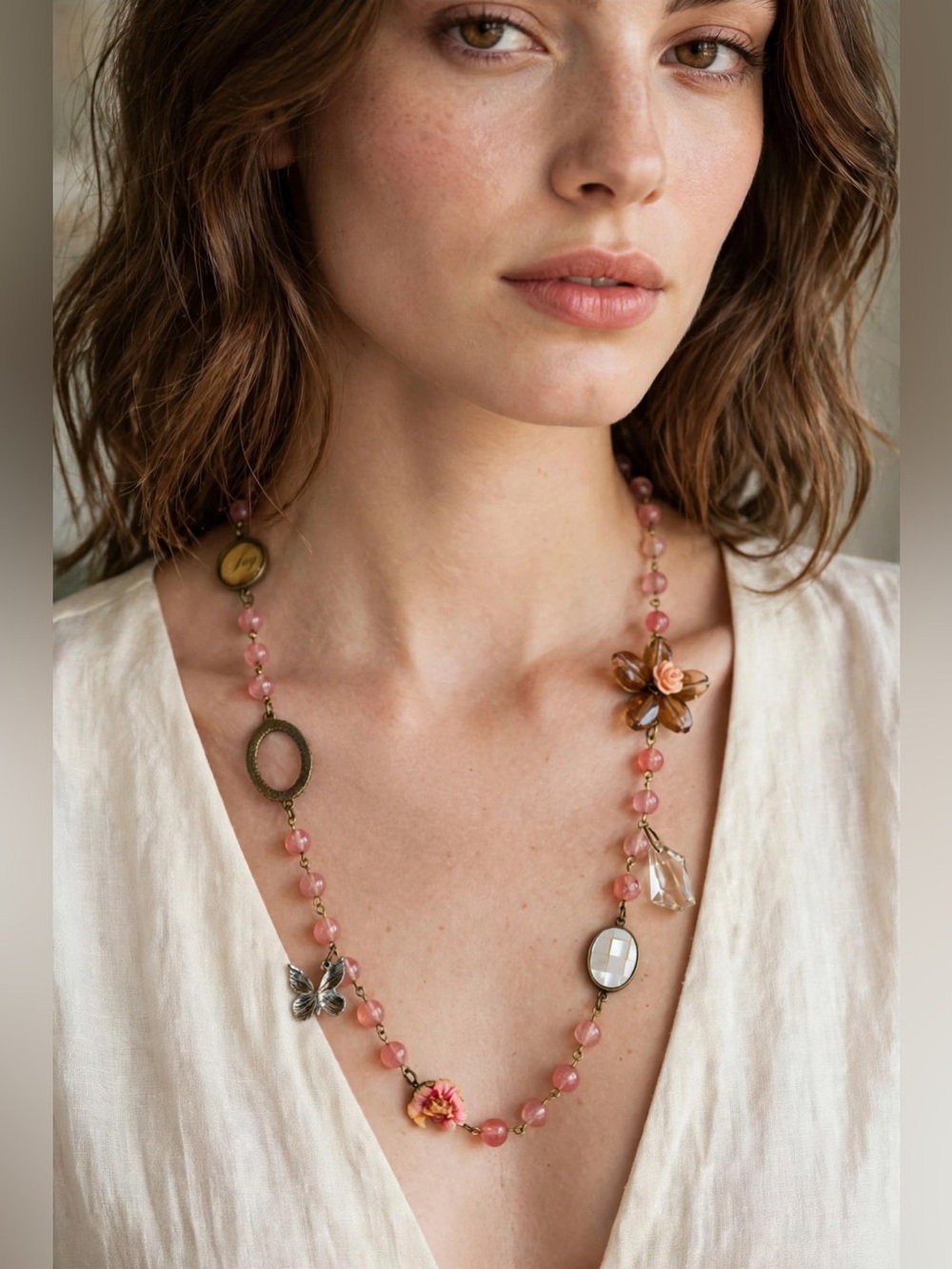 Victorian pink gemstone beads necklace with charms